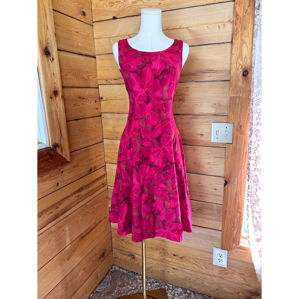 Vintage Silk Leah Dress Womens Size 34 Pink Magenta Leaf Floral Print Jackpot